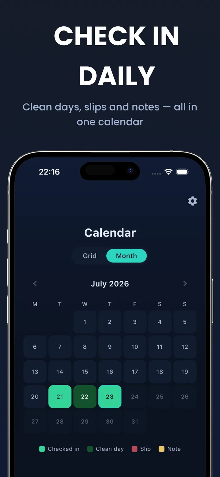 Calendar screen with clean days, check-ins, and slips marked month by month