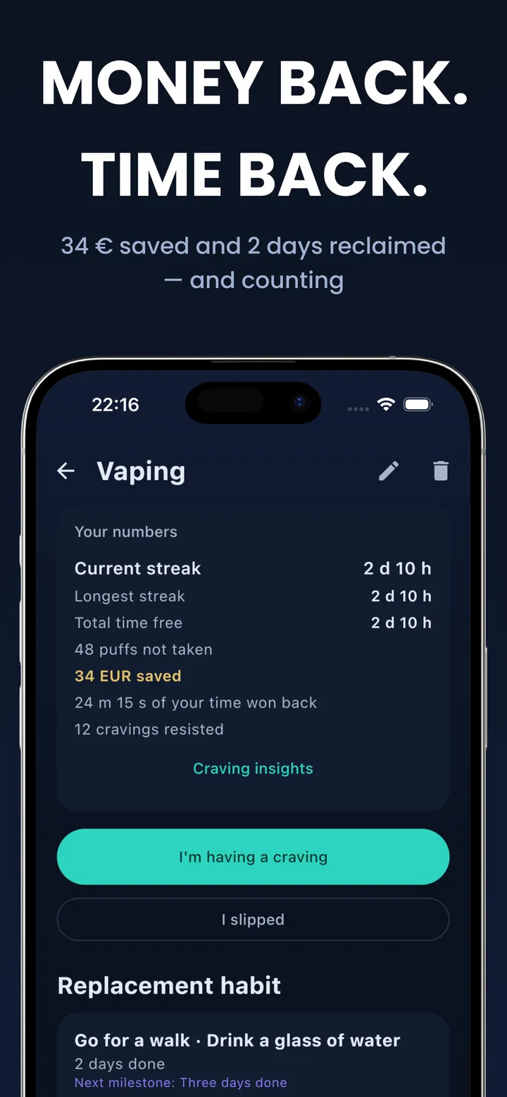 Habit detail screen for vaping: current streak, money saved, time won back, and a craving SOS button
