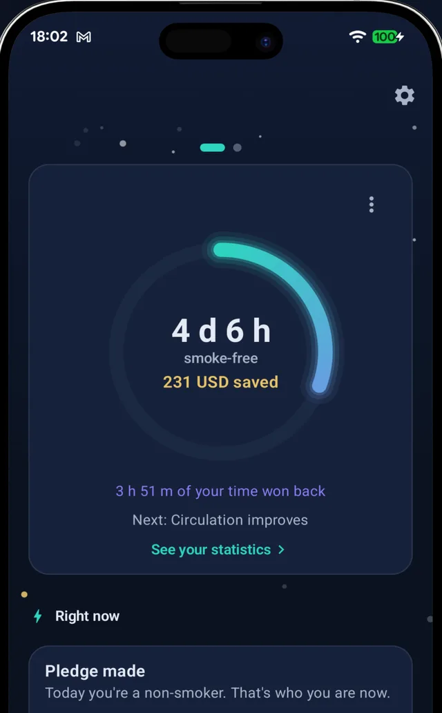 App home screen: a progress ring showing 4 days 6 hours smoke-free and 231 USD saved
