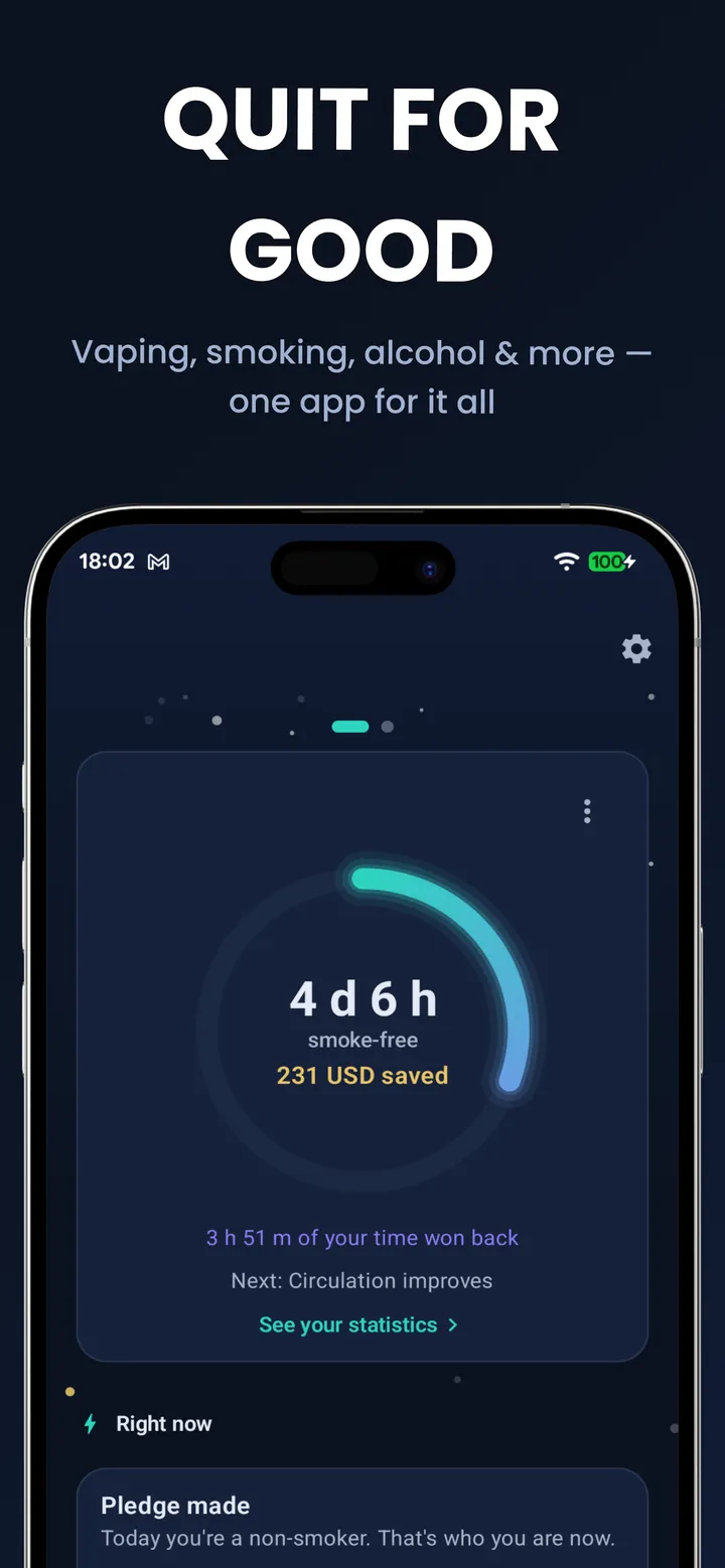 App home screen: a progress ring showing 4 days 6 hours smoke-free and 231 USD saved