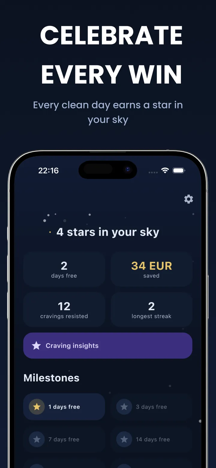 Progress screen: stars earned for clean days, key stats, and upcoming milestones